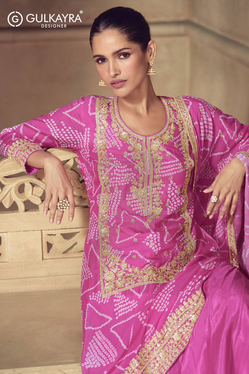 Pink Chinon Silk Sharara Suit For Indian & Pakistani Wedding Festival - Print Work, Thread & Sequins Embroider Work