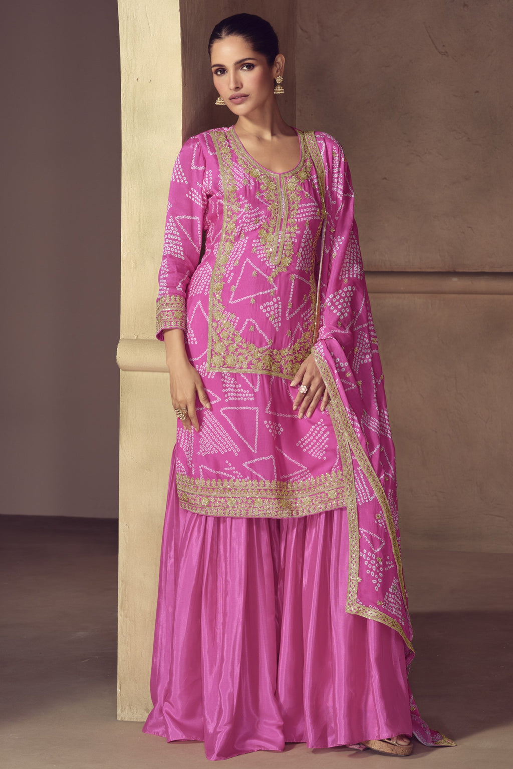 Pink Chinon Silk Sharara Suit For Indian & Pakistani Wedding Festival - Print Work, Thread & Sequins Embroider Work
