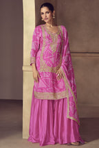 Pink Chinon Silk Sharara Suit For Indian & Pakistani Wedding Festival - Print Work, Thread & Sequins Embroider Work