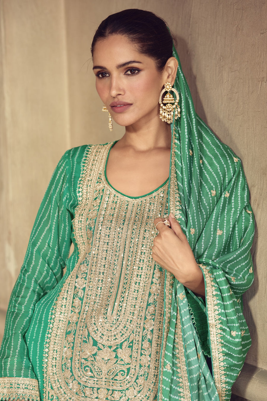 Green Chinon Silk Sharara Suit For Indian & Pakistani Wedding Festival - Print Work, Thread & Sequins Embroider Work