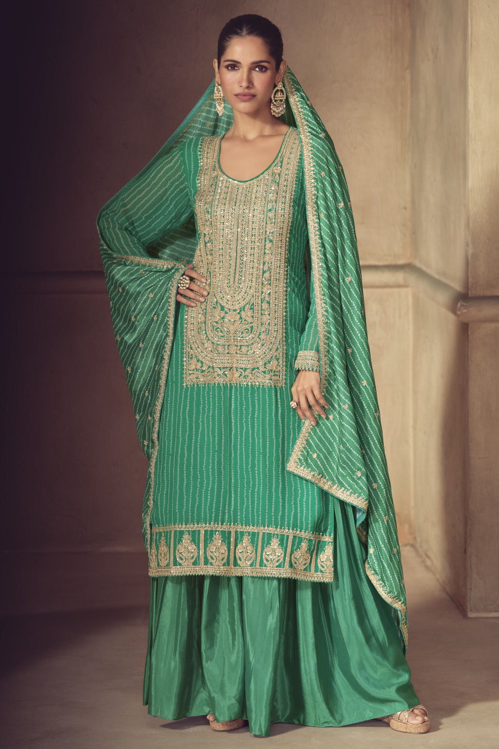 Green Chinon Silk Sharara Suit For Indian & Pakistani Wedding Festival - Print Work, Thread & Sequins Embroider Work