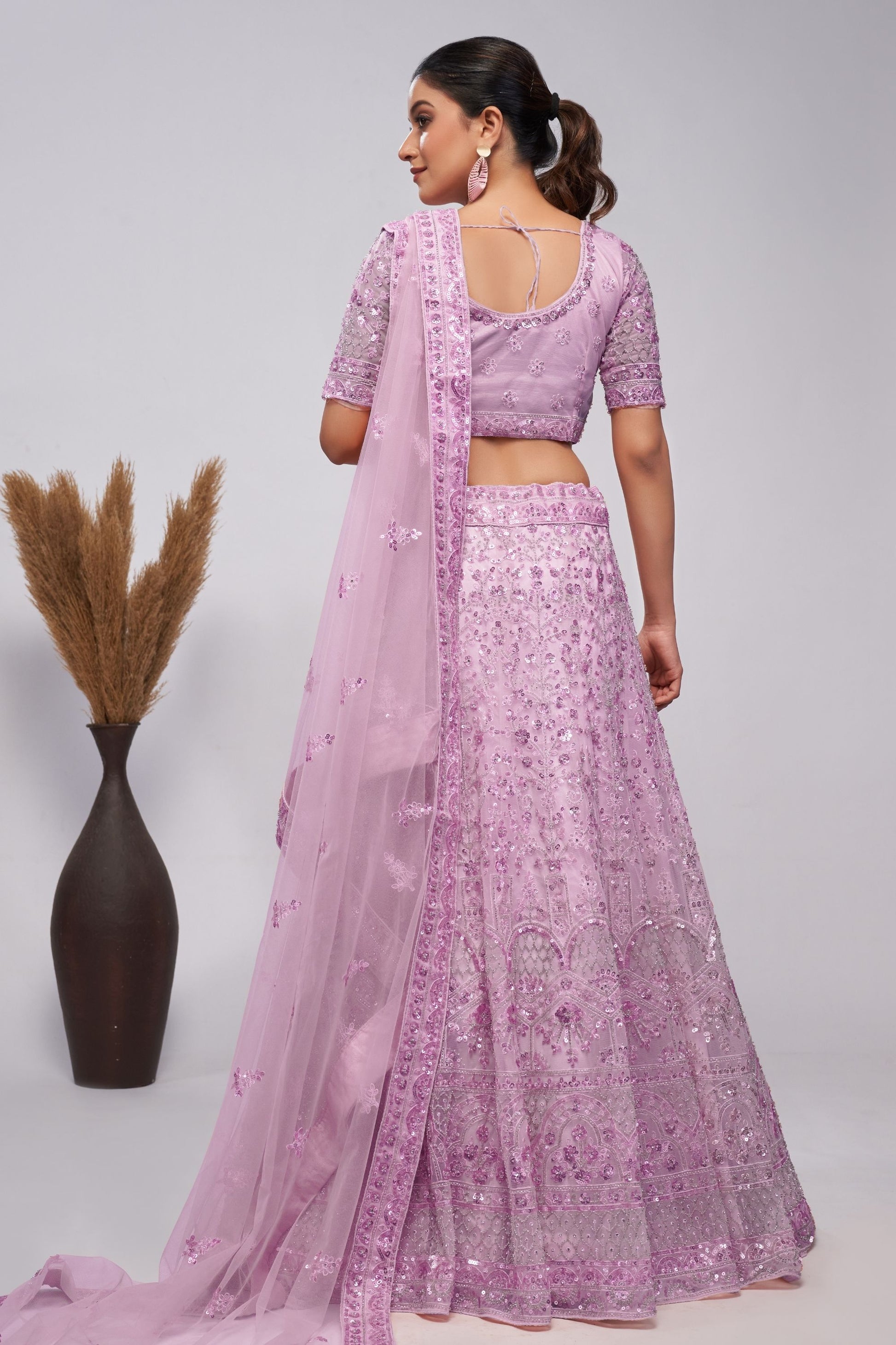 Purple Soft Net Lehenga Choli For Indian Festivals & Weddings - Sequins Work, Bead Work