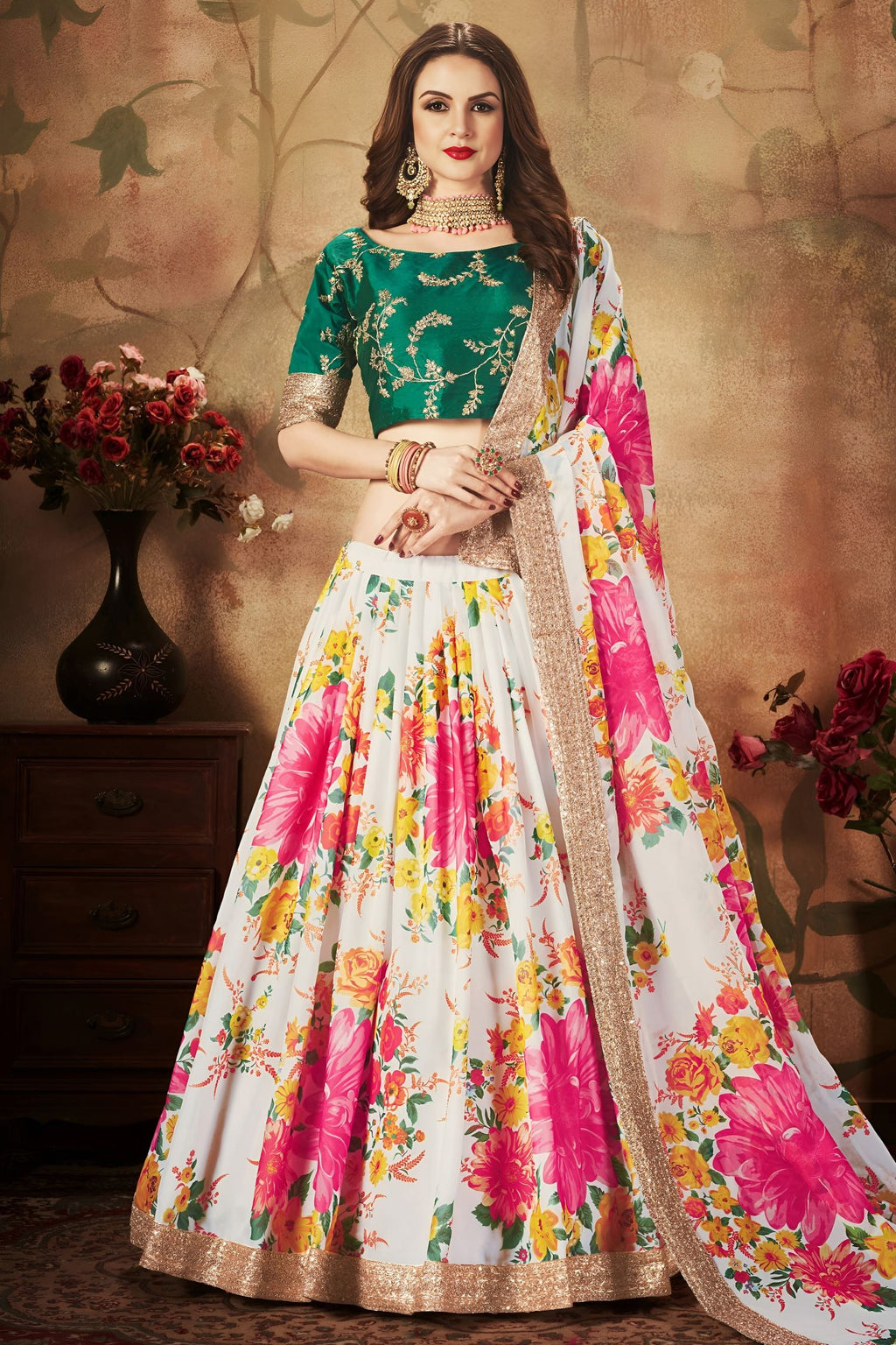 Green White Slub Silk Floral Lehenga for Women with Zari and Sequins Embroidery