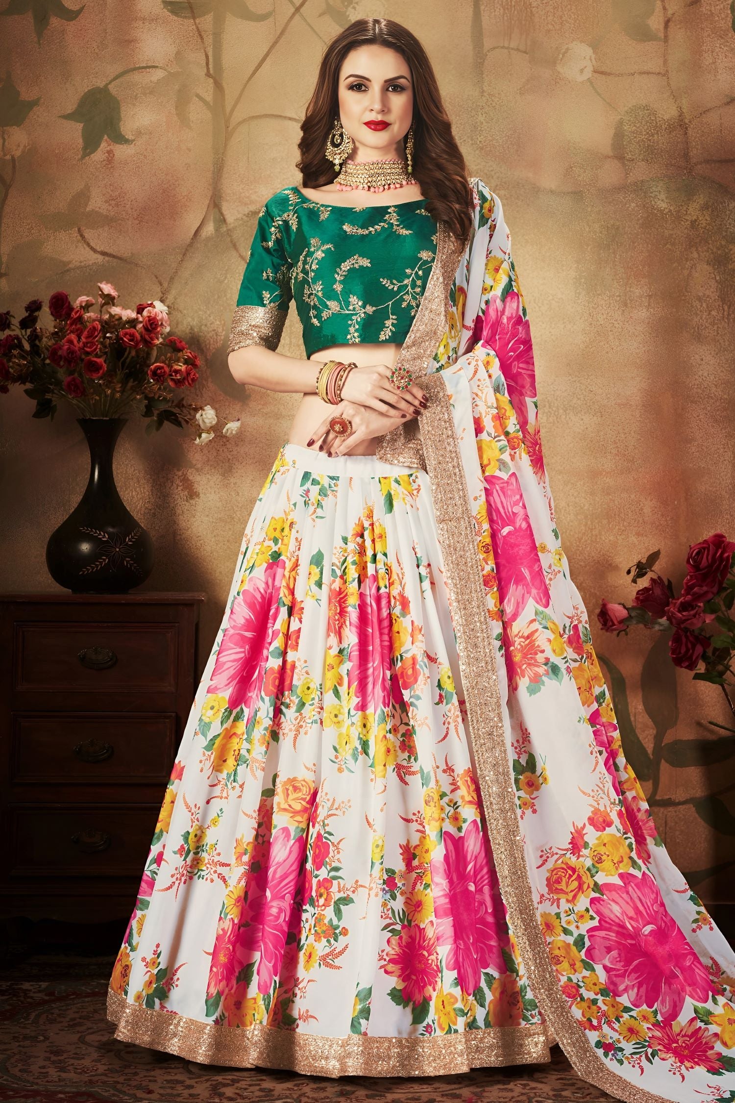 Green White Slub Silk Floral Lehenga for Women with Zari and Sequins Embroidery
