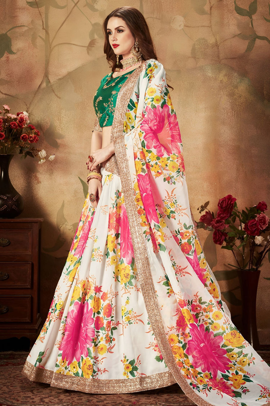 Green White Slub Silk Floral Lehenga for Women with Zari and Sequins Embroidery