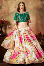 Green White Slub Silk Floral Lehenga for Women with Zari and Sequins Embroidery