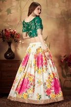 Green White Slub Silk Floral Lehenga for Women with Zari and Sequins Embroidery