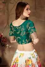 Green White Slub Silk Floral Lehenga for Women with Zari and Sequins Embroidery