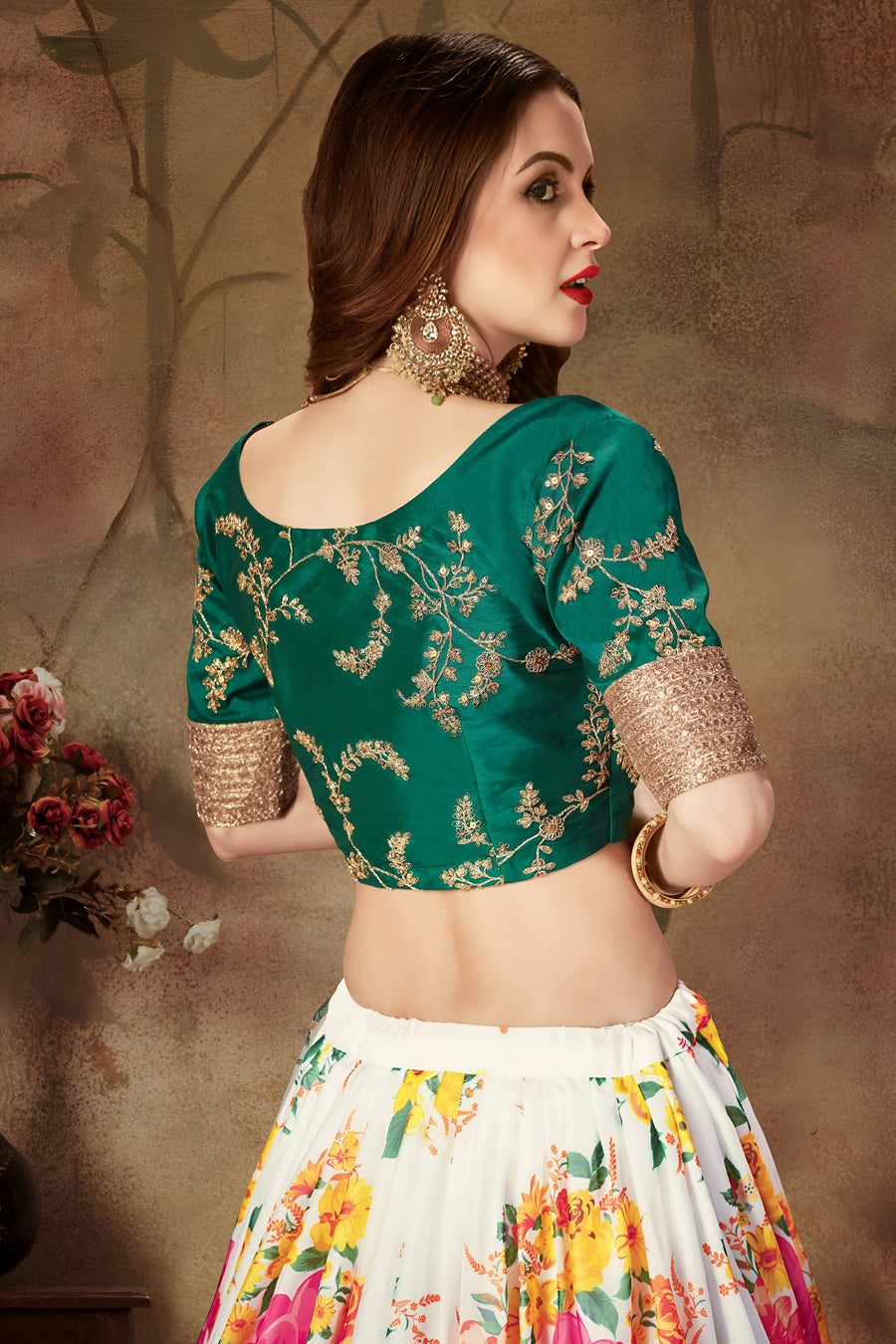 Green White Slub Silk Floral Lehenga for Women with Zari and Sequins Embroidery