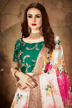 Green White Slub Silk Floral Lehenga for Women with Zari and Sequins Embroidery