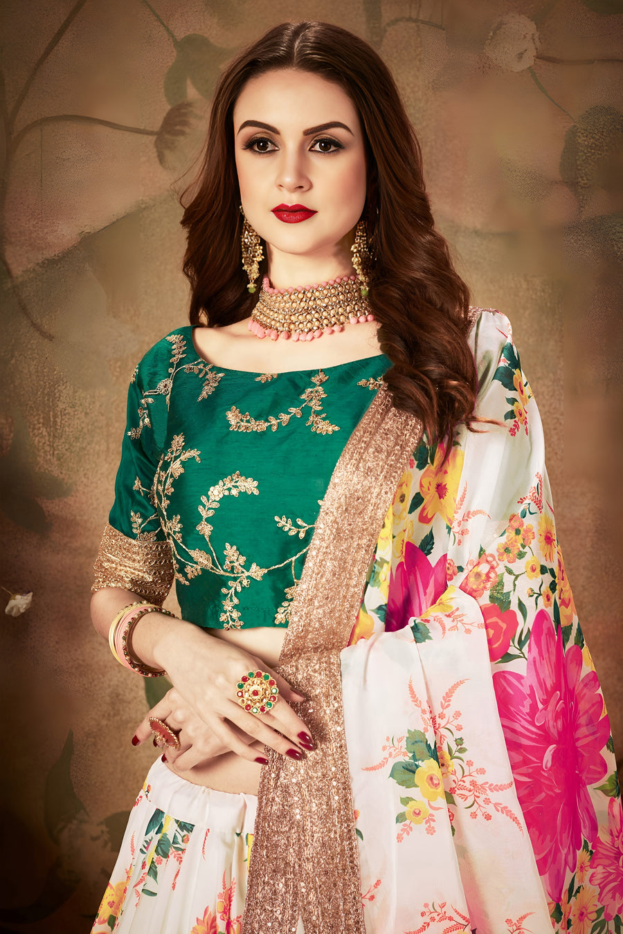 Green White Slub Silk Floral Lehenga for Women with Zari and Sequins Embroidery