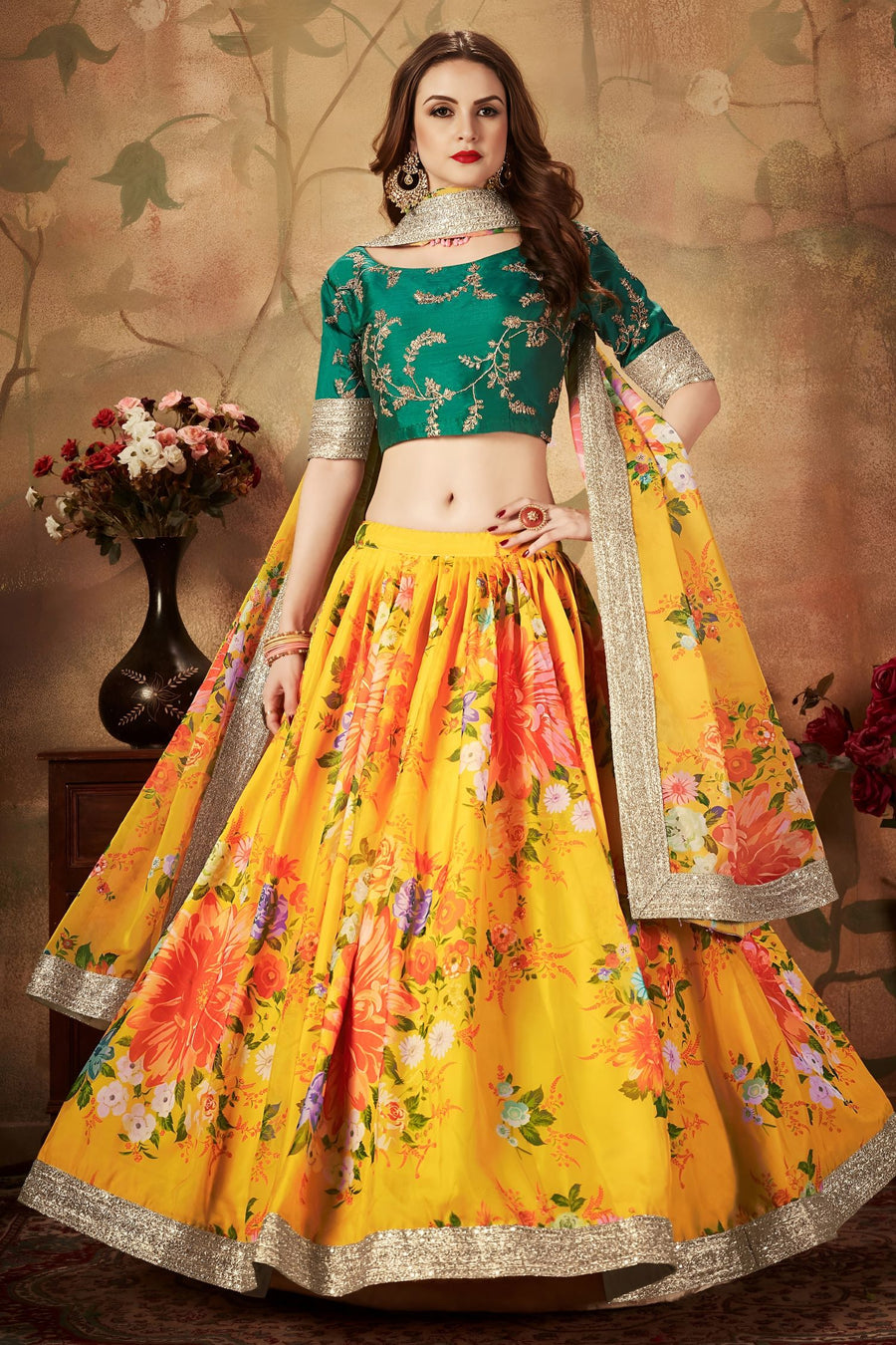 Green Yellow Slub Silk Floral Lehenga for Women with Zari Embroidery