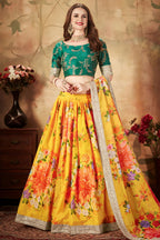Green Yellow Slub Silk Floral Lehenga for Women with Zari Embroidery