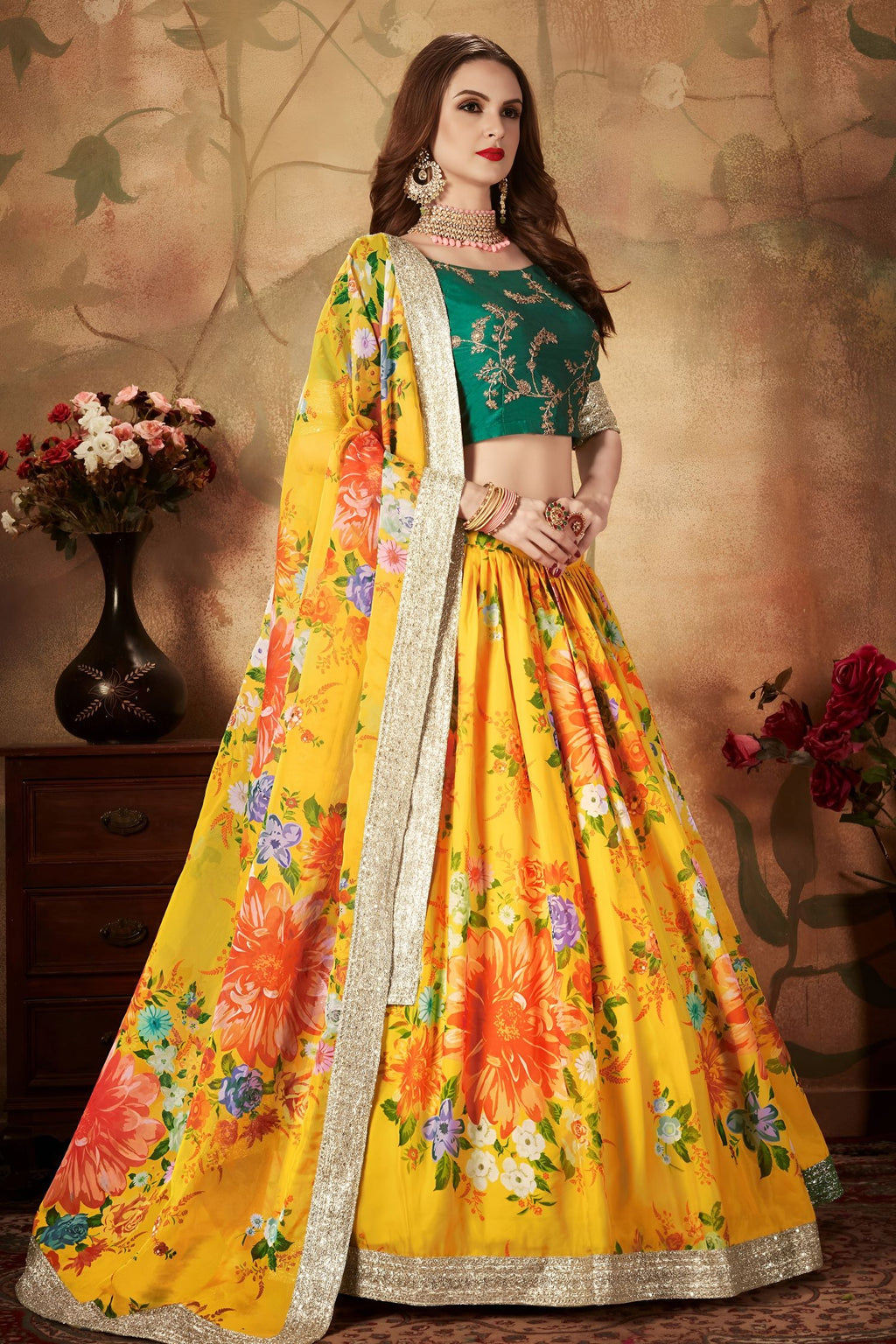 Green Yellow Slub Silk Floral Lehenga for Women with Zari Embroidery
