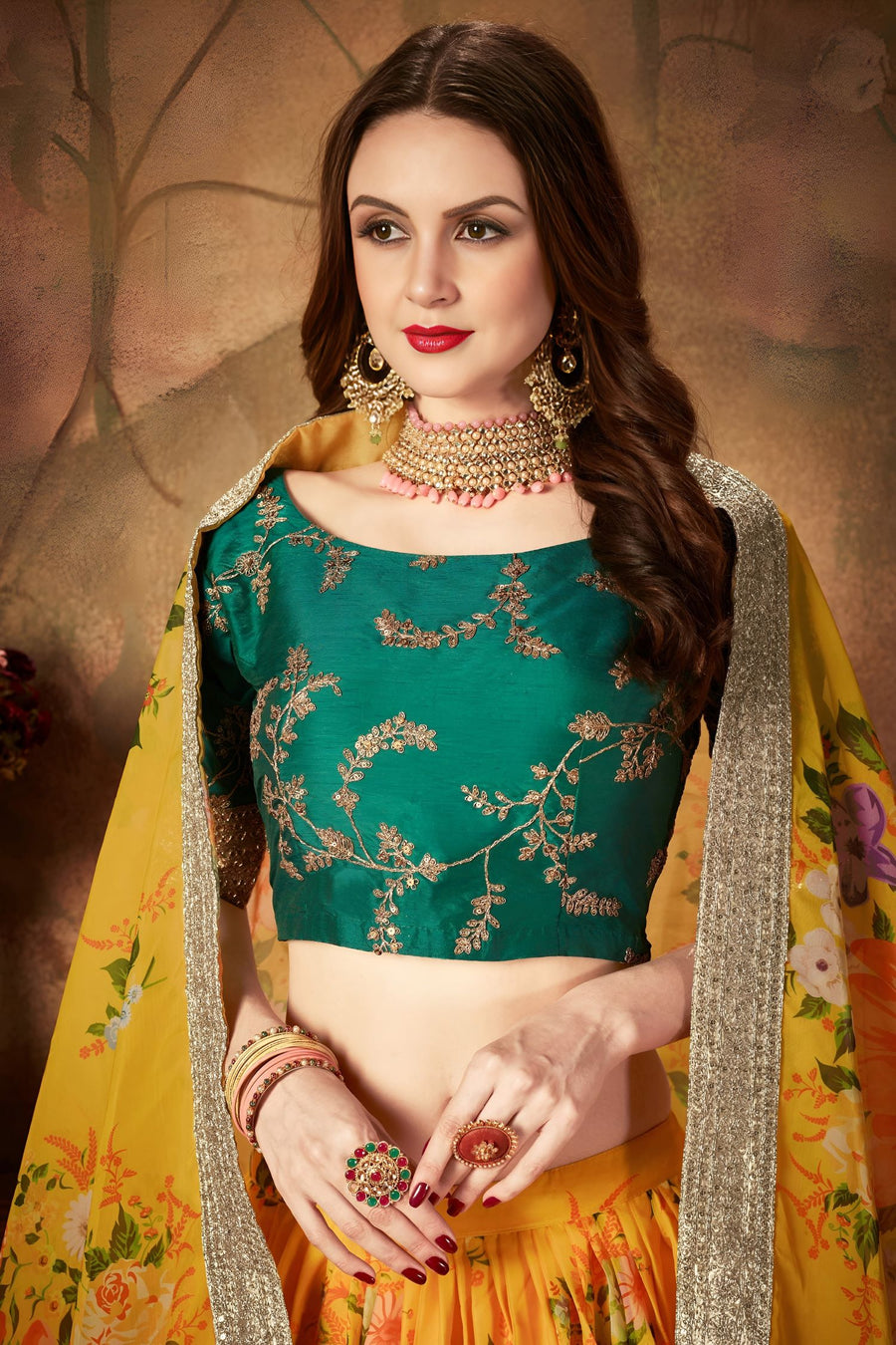 Green Yellow Slub Silk Floral Lehenga for Women with Zari Embroidery