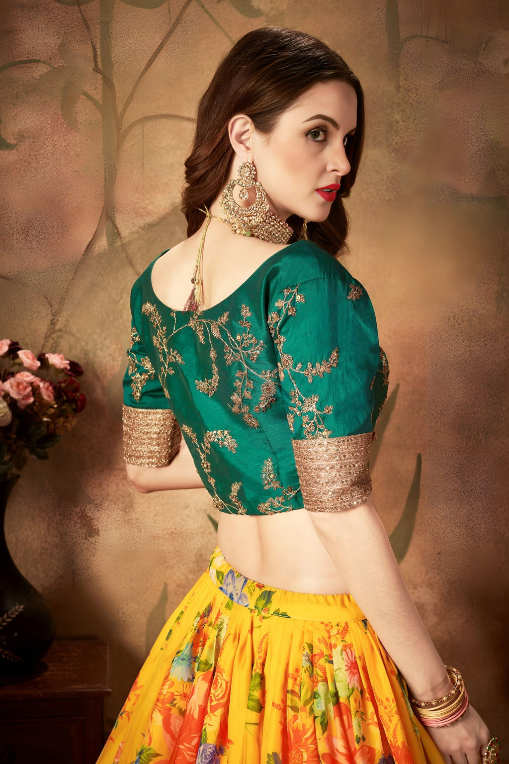 Green Yellow Slub Silk Floral Lehenga for Women with Zari Embroidery