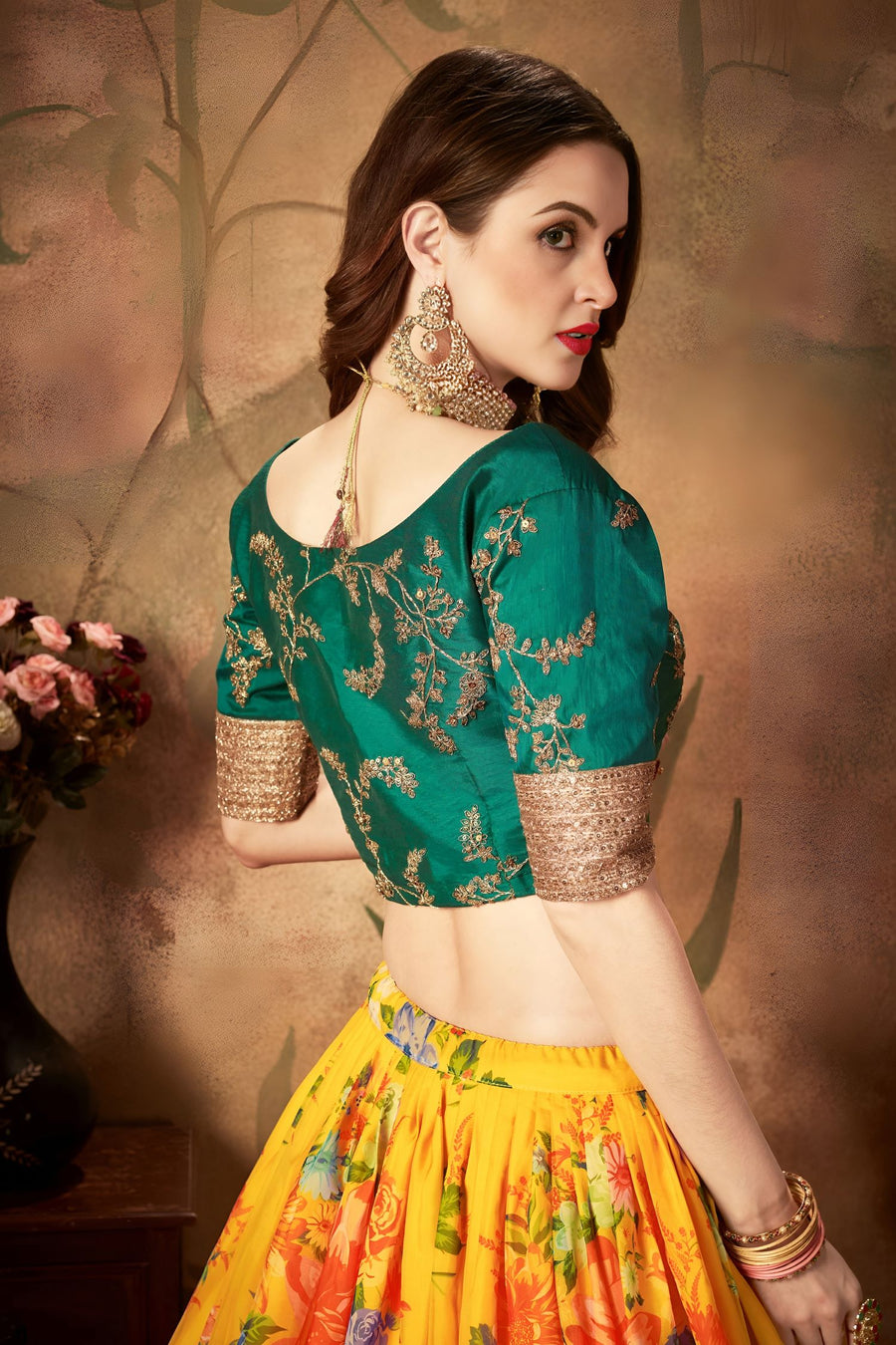 Green Yellow Slub Silk Floral Lehenga for Women with Zari Embroidery