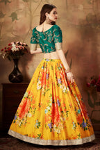 Green Yellow Slub Silk Floral Lehenga for Women with Zari Embroidery