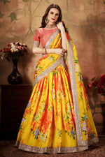 Yellow Slub Silk Floral Lehenga for Women - Print, Zari & Sequins Work