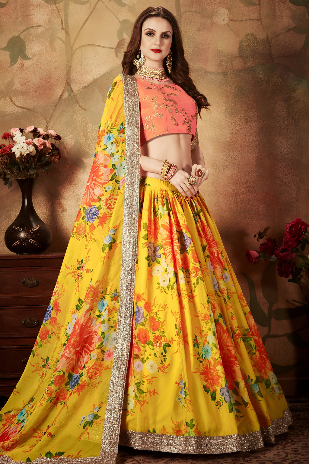 Pink Yellow Slub Silk Floral Lehenga for Women with Zari and Sequins Work