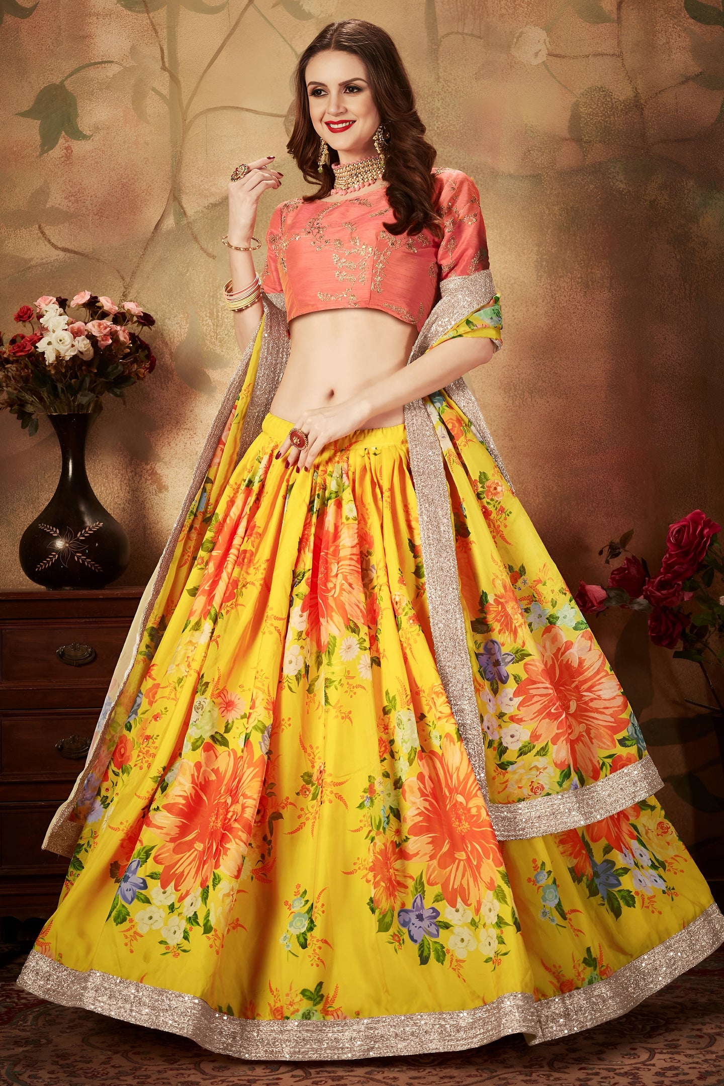Pink Yellow Slub Silk Floral Lehenga for Women with Zari and Sequins Work