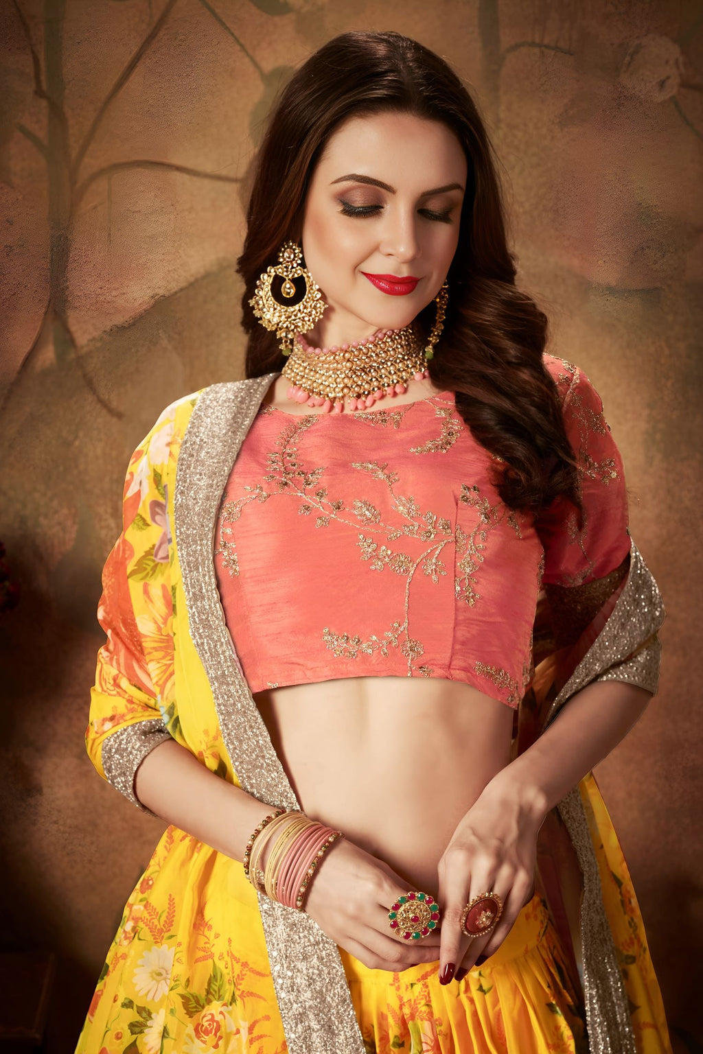 Pink Yellow Slub Silk Floral Lehenga for Women with Zari and Sequins Work