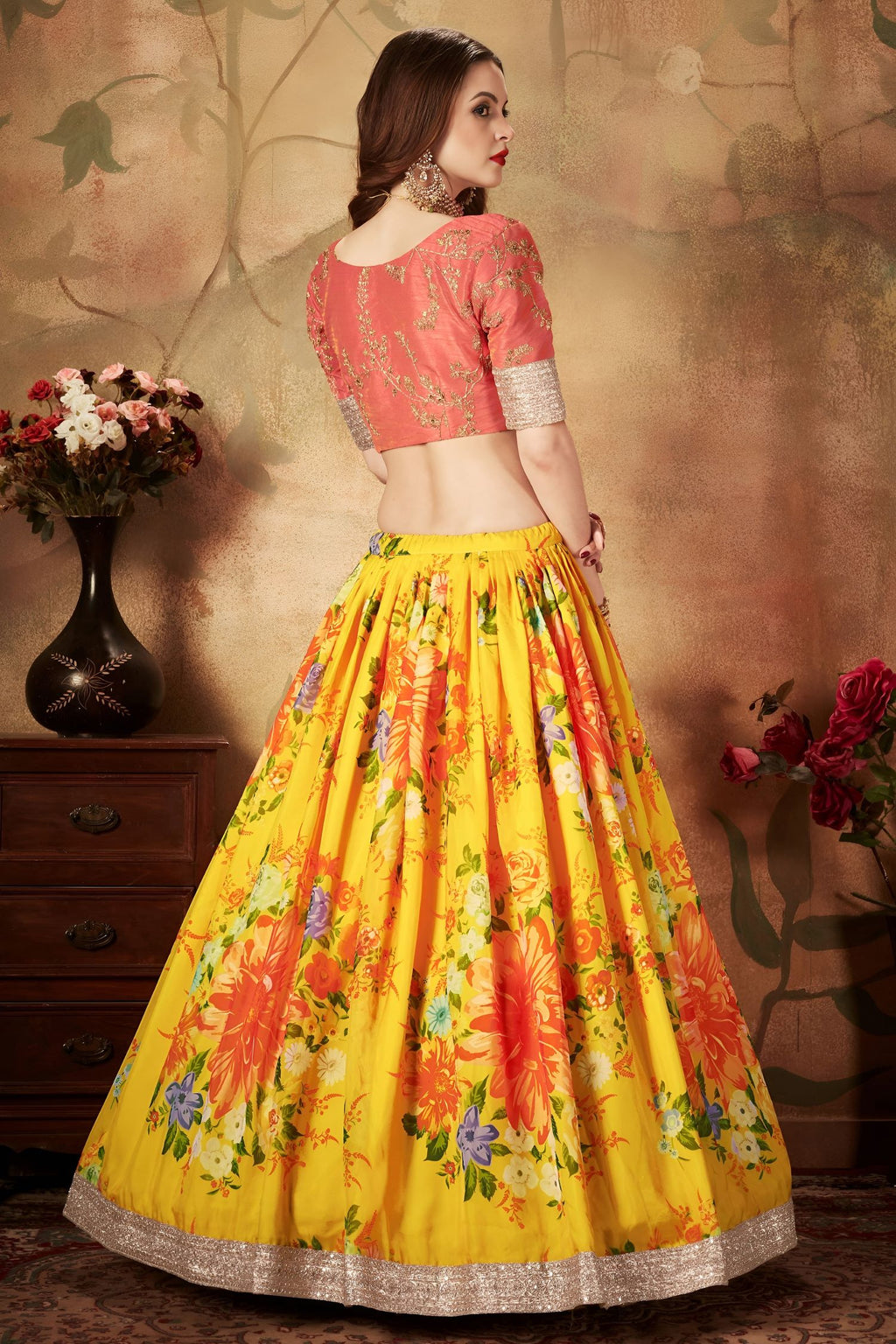 Pink Yellow Slub Silk Floral Lehenga for Women with Zari and Sequins Work