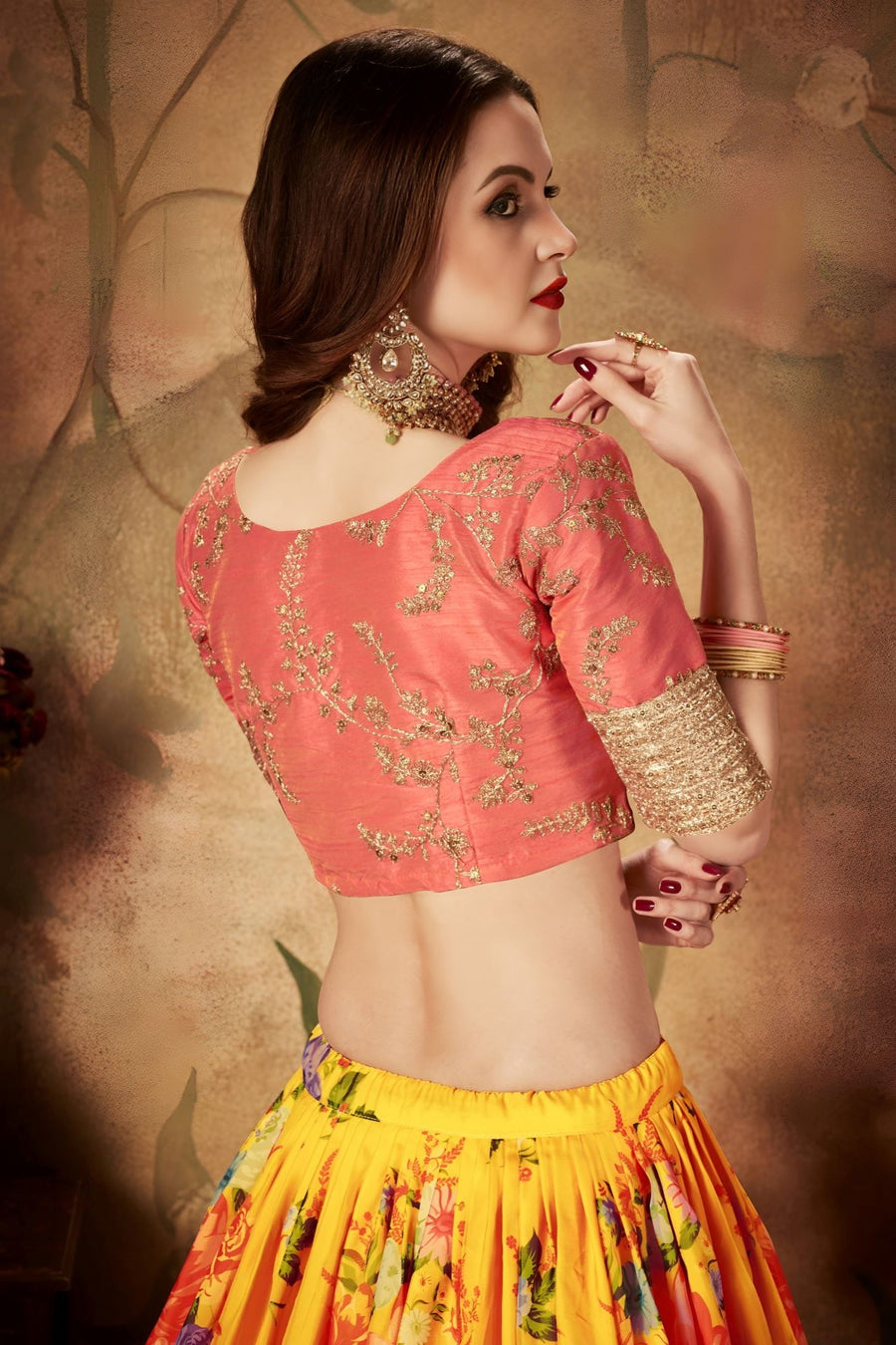 Pink Yellow Slub Silk Floral Lehenga for Women with Zari and Sequins Work