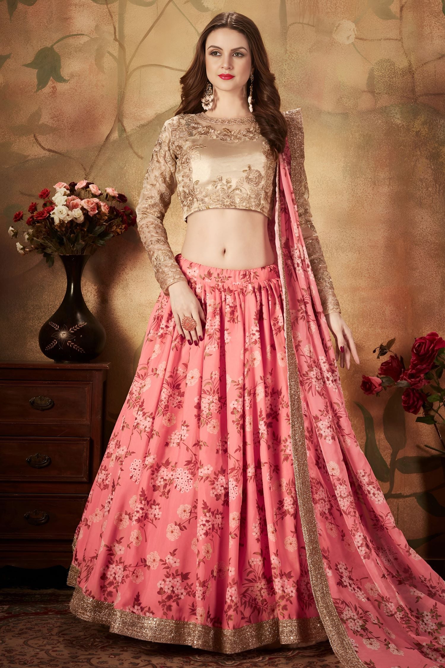 Rose Organza Silk Floral Lehenga for Women with Zari and Sequins Work