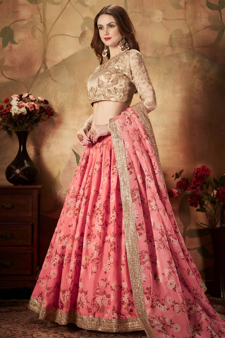 Rose Organza Silk Floral Lehenga for Women with Zari and Sequins Work