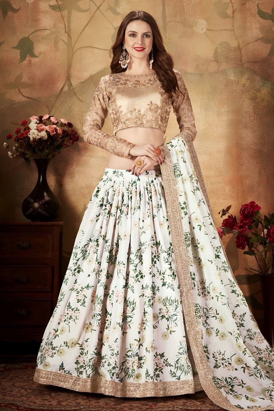 White Organza Silk Floral Lehenga for Women with Zari and Sequins Work