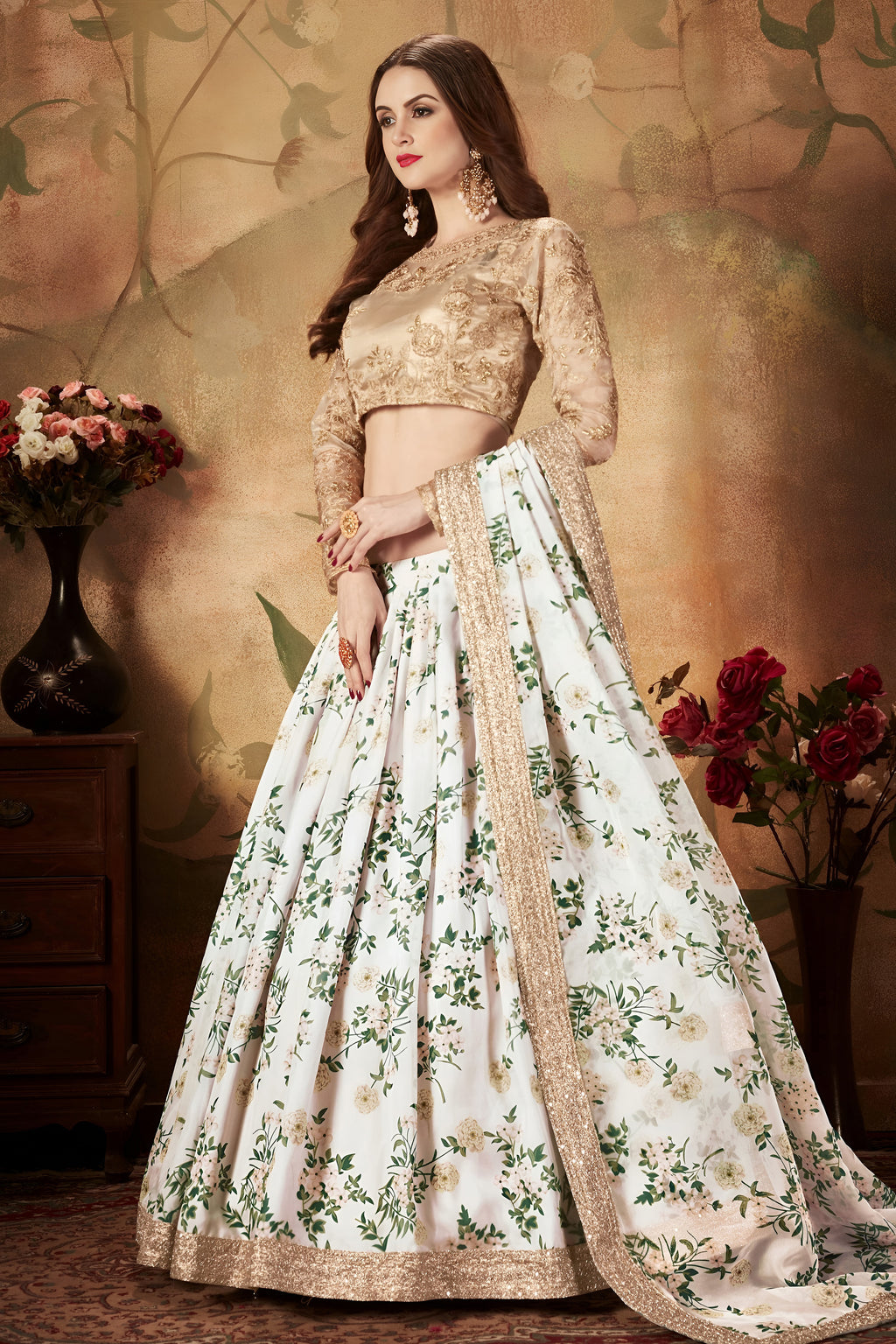 White Organza Silk Floral Lehenga for Women with Zari and Sequins Work