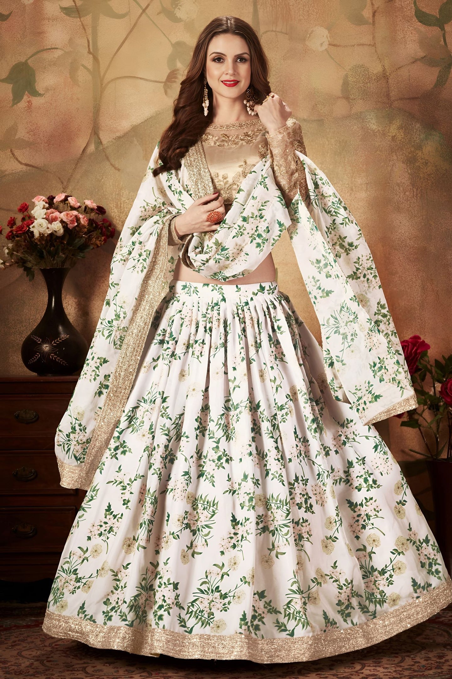 White Organza Silk Floral Lehenga for Women with Zari and Sequins Work