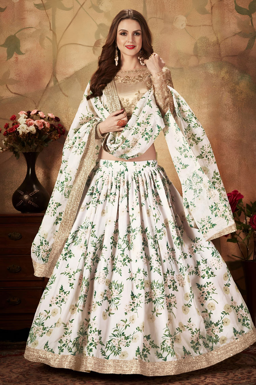 White Organza Silk Floral Lehenga for Women with Zari and Sequins Work
