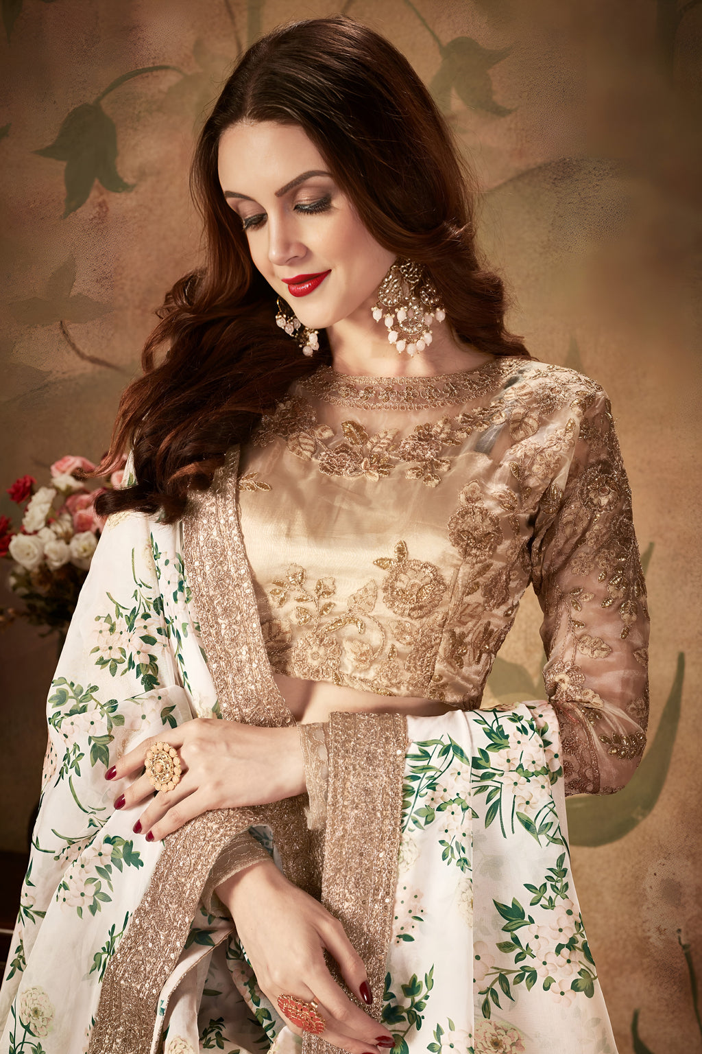 White Organza Silk Floral Lehenga for Women with Zari and Sequins Work