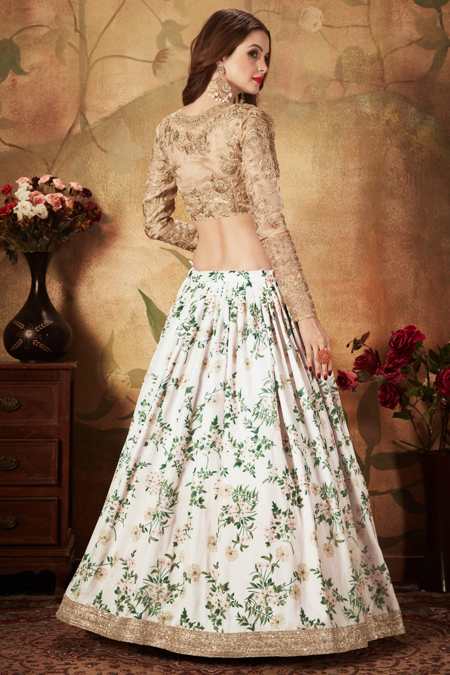 White Organza Silk Floral Lehenga for Women with Zari and Sequins Work