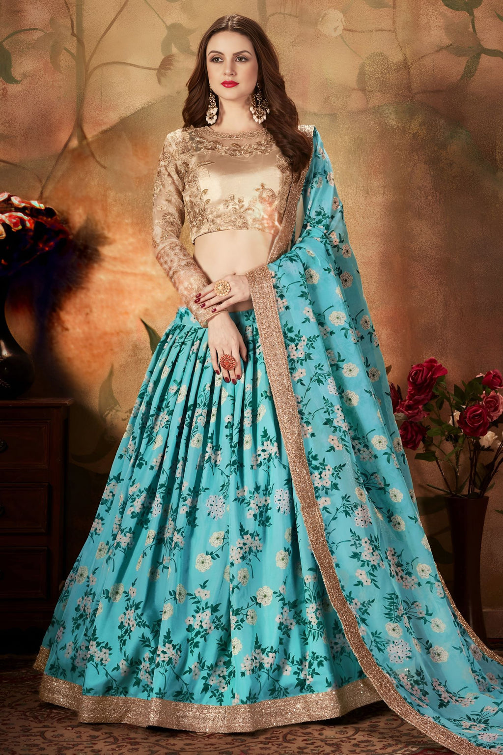 Rama Organza Silk Floral Lehenga for Women with Zari and Sequins Work