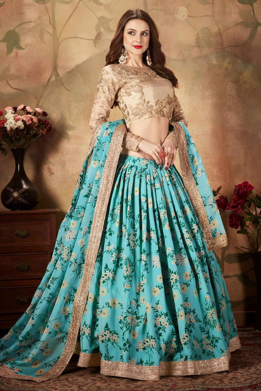 Rama Organza Silk Floral Lehenga for Women with Zari and Sequins Work