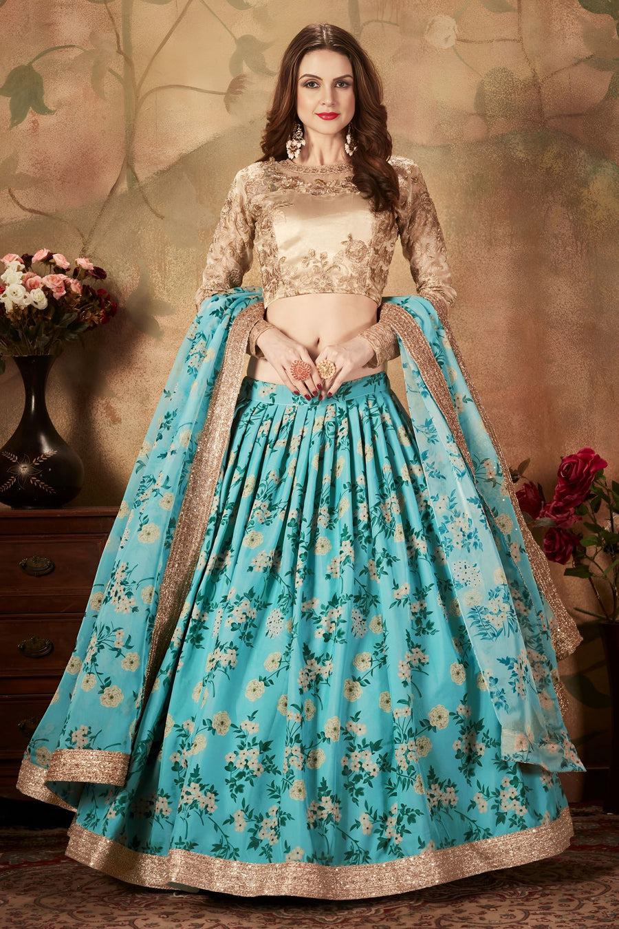 Rama Organza Silk Floral Lehenga for Women with Zari and Sequins Work