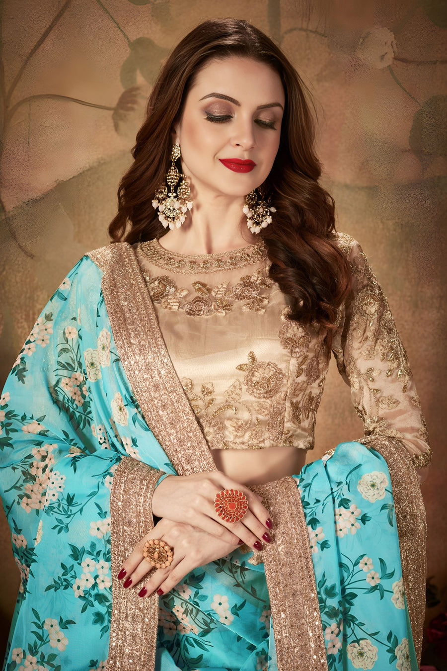 Rama Organza Silk Floral Lehenga for Women with Zari and Sequins Work