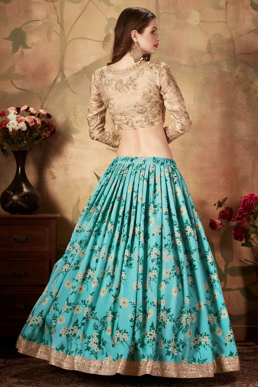 Rama Organza Silk Floral Lehenga for Women with Zari and Sequins Work
