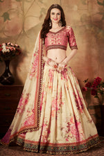 Beige Floral Lehenga for Women in Slub Silk - Sequins & Zari Work