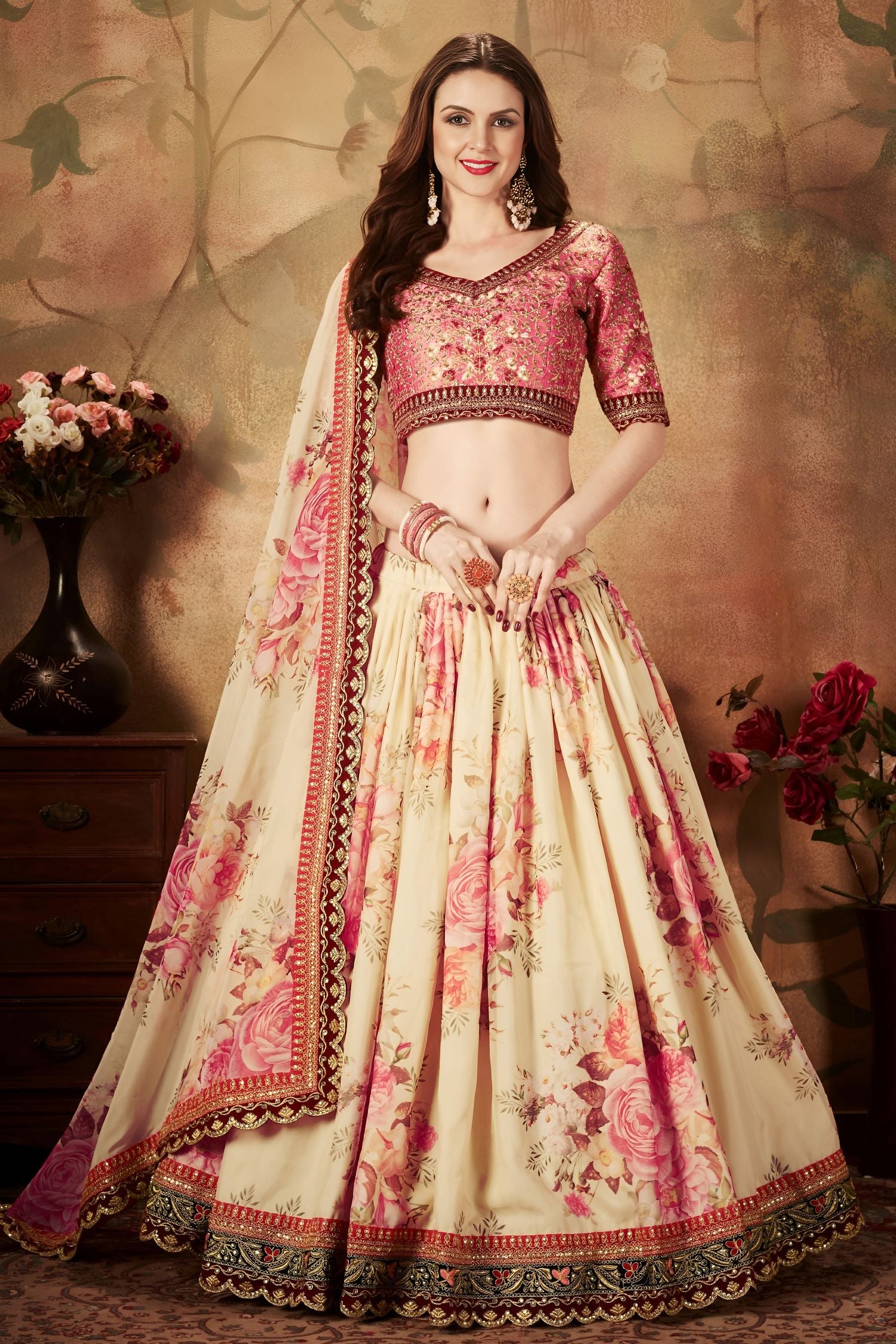 Being Slub Silk Floral Lehenga for Women with Zari and Sequins Work
