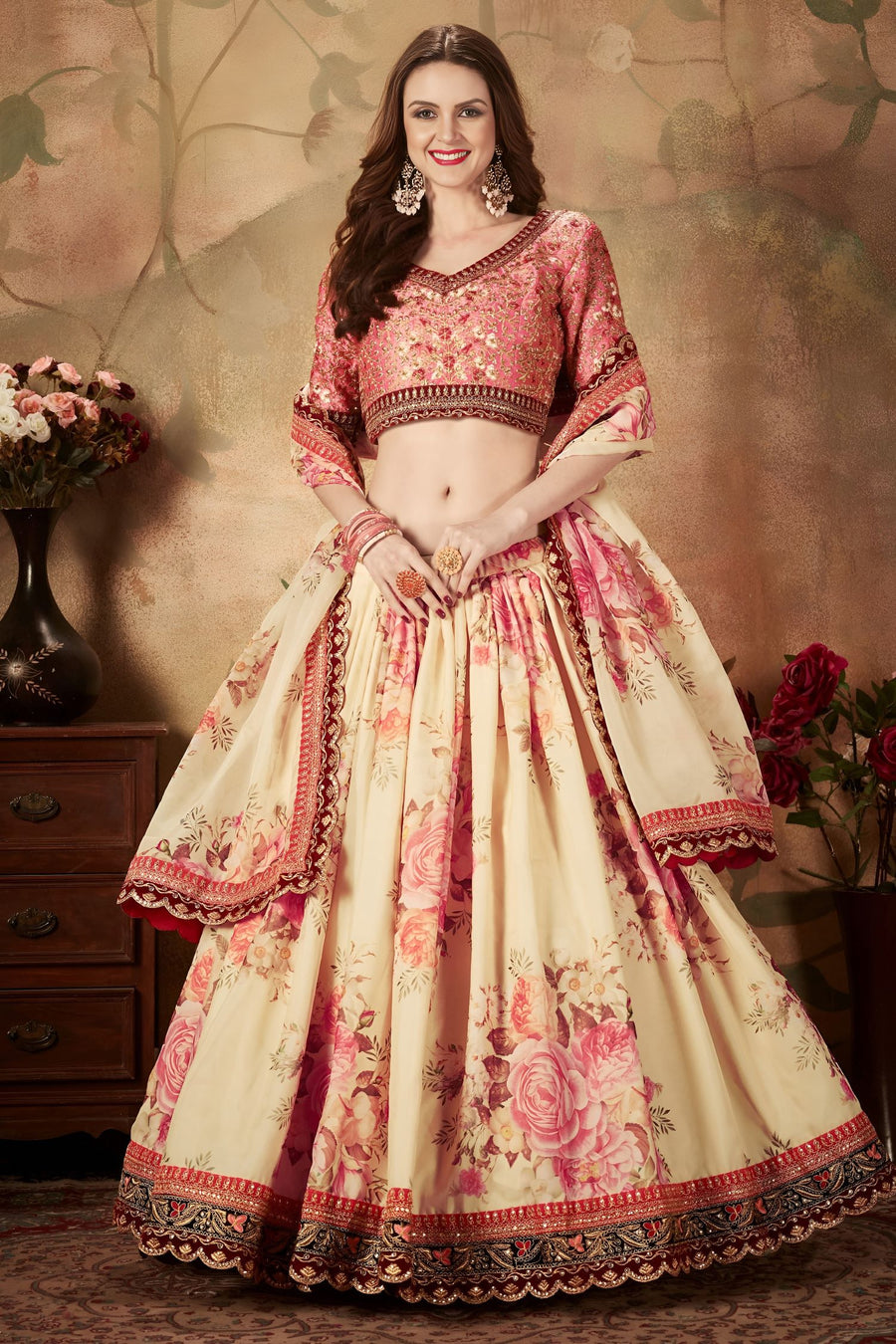 Being Slub Silk Floral Lehenga for Women with Zari and Sequins Work