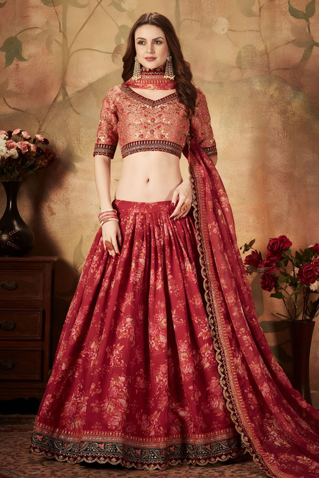 Maroon Slub Silk Floral Lehenga for Women with Zari Work
