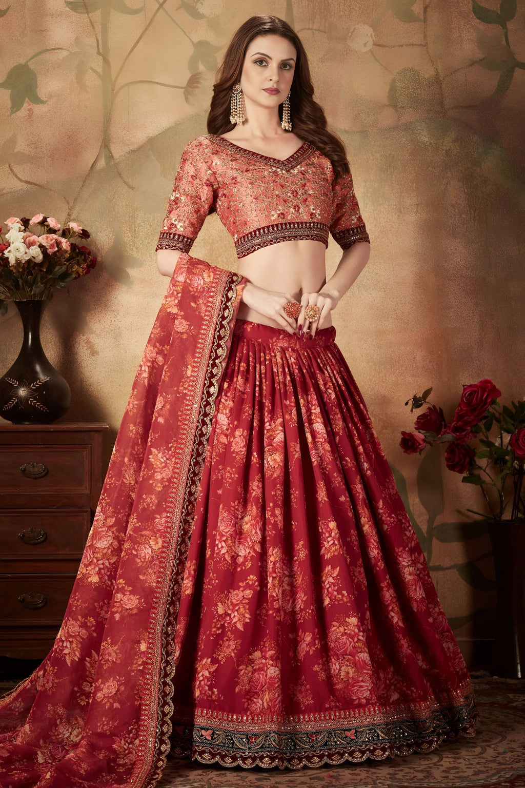 Maroon Slub Silk Floral Lehenga for Women with Zari Work
