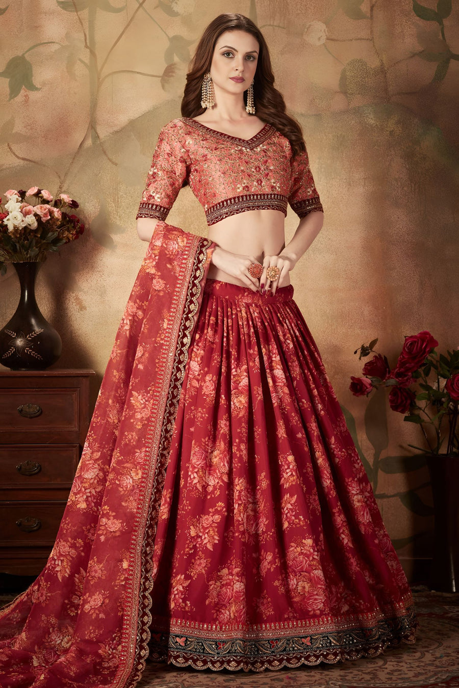 Maroon Slub Silk Floral Lehenga for Women with Zari Work