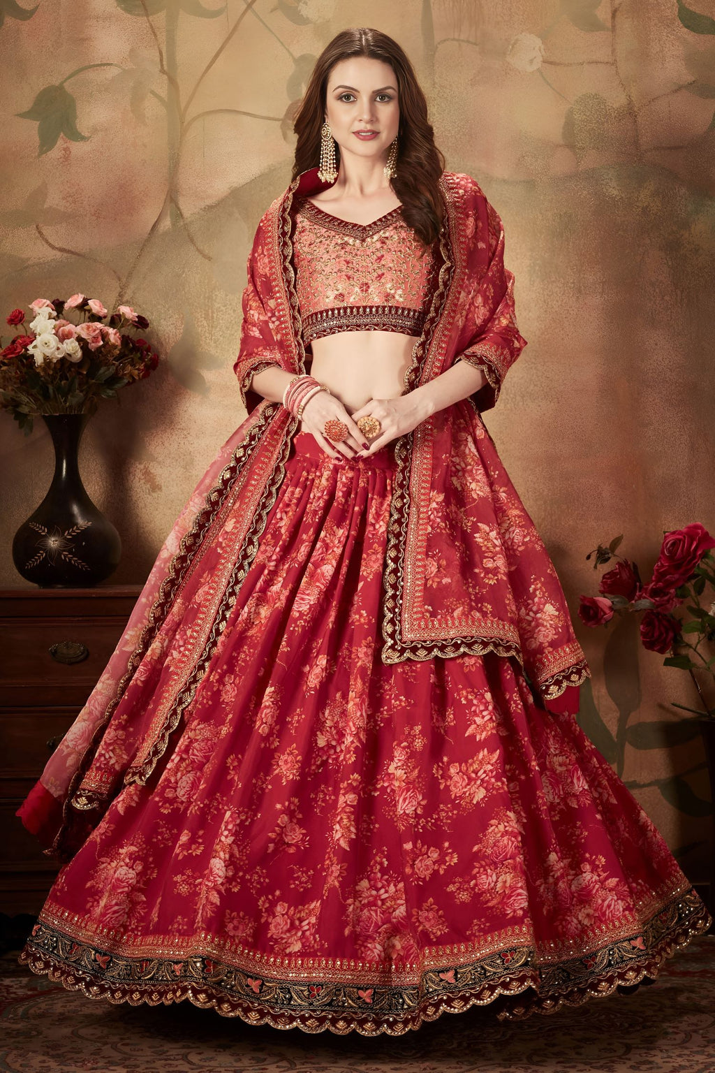 Maroon Slub Silk Floral Lehenga for Women with Zari Work