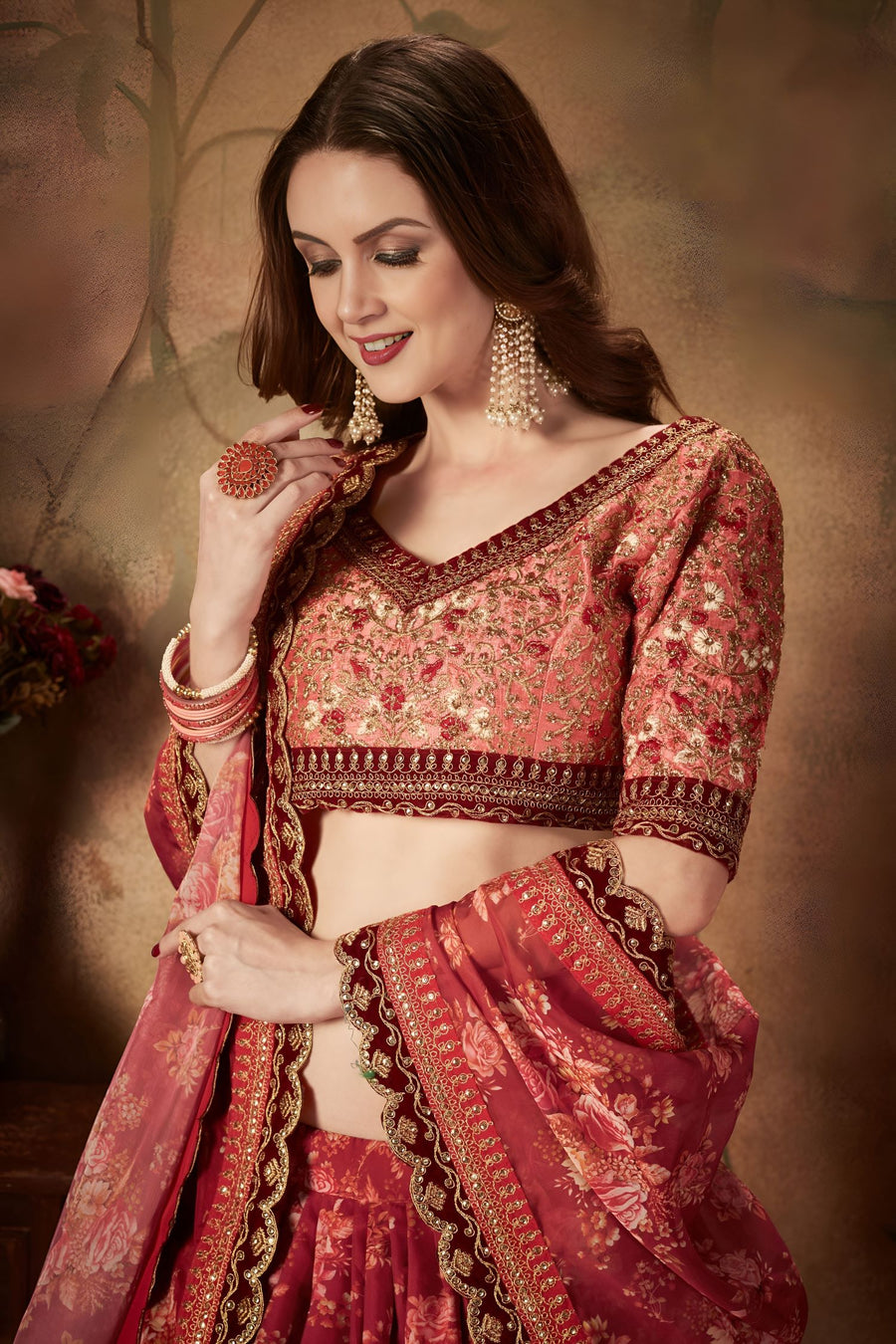 Maroon Slub Silk Floral Lehenga for Women with Zari Work