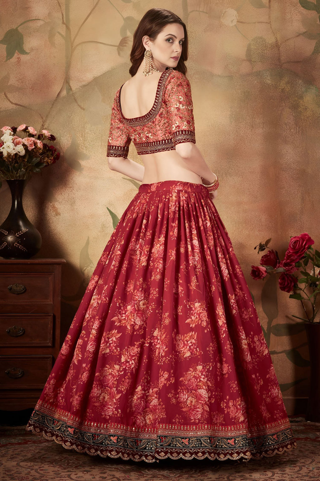 Maroon Slub Silk Floral Lehenga for Women with Zari Work